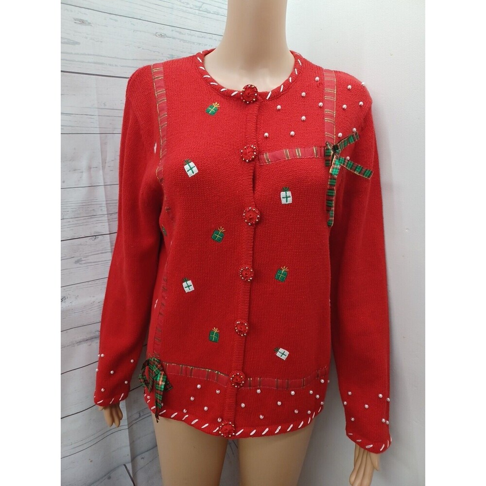 Ugly CHRISTMAS Sweater Designer Originals Beaded Presents Red Faux Pearls M
